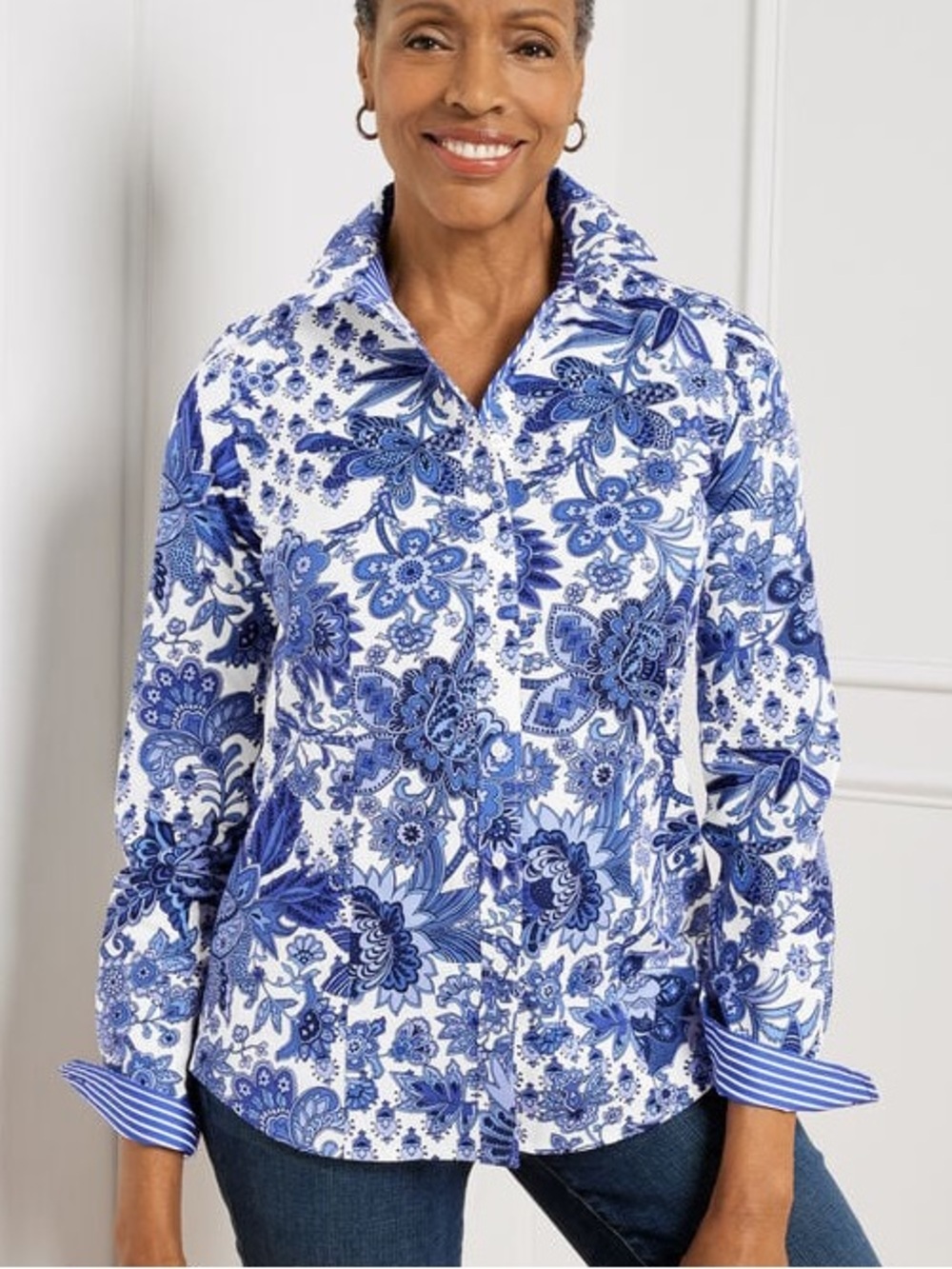 Talbots Blue White Perfect Bright Paisley Button Down Shirt Sz 18 Non-Iron L/S